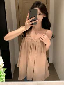 DAZY Women's Loose Chiffon Asymmetrical Hem Casual Summer Camisole Top - Apricot - View 4