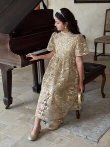 DAZY Tween Girls Round Neck Lace Short Sleeve Dress - Apricot - View 4