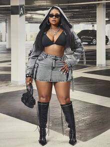 Slaydiva Sexy Vintage Washed Denim Long Sleeve Jacket - Grey - View 5