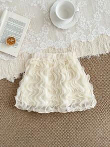 SHEIN Young Girls Sweet Elegant Apricot 3D Rose Textured Mesh A-Line Princess Skirt - Beige - View 2