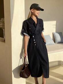 DAZY Women's V-Neck Waist Cinched Asymmetric Slit A-Line Denim Dress, Elegant Niche Style - Blue - View 4