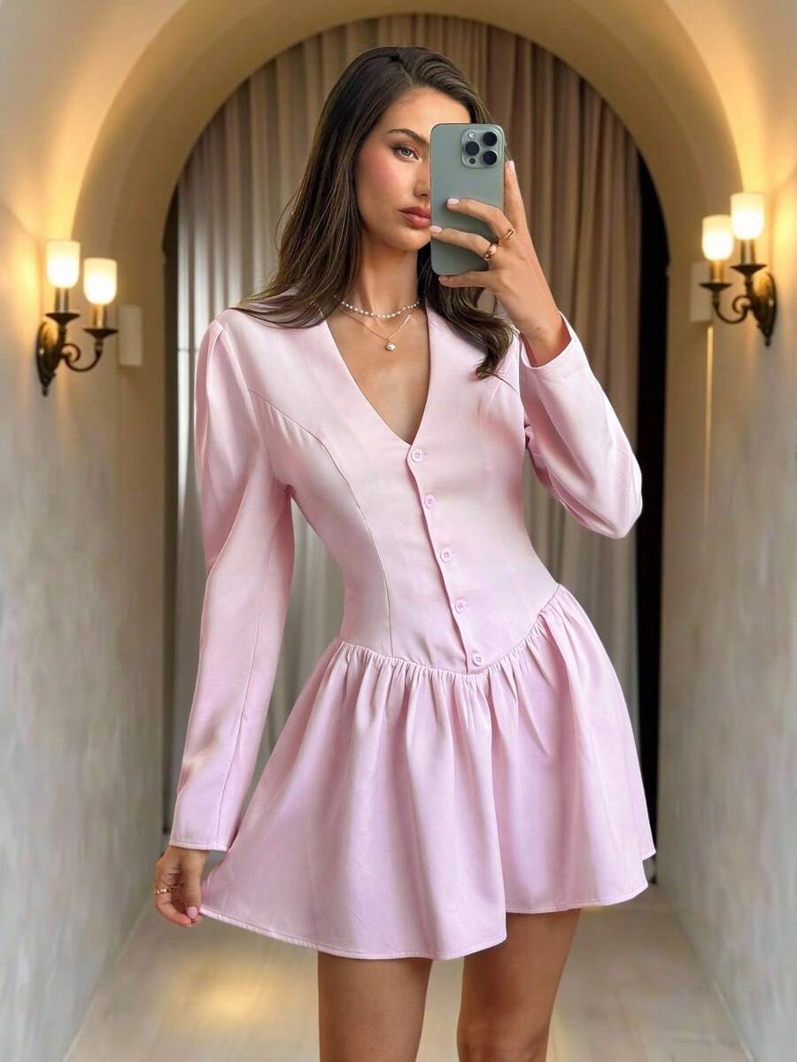 Aloruh 女士优雅深V领褶皱A字衬衫裙，浅粉色，适合情人节约会