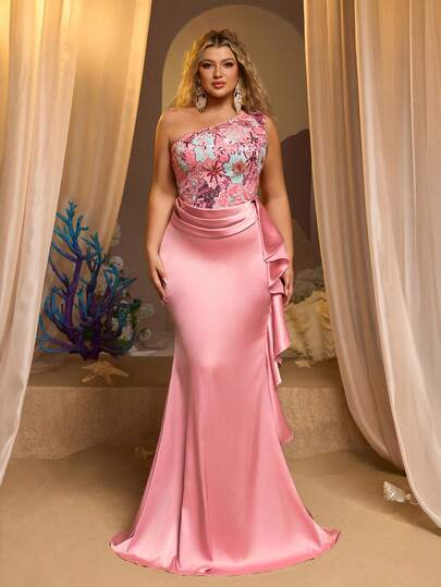 Glamrae 大码优雅浪漫粉色亮片拼接针织美人鱼裙摆连衣裙，带荷叶边和围巾，适合婚礼、派对、正式场合（精致设计）