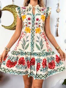 Fembélia 2026 Spring/Summer Floral Print Ruffle Hem Short Dress, Loose Fit V-Neck Short Sleeve A-Line Dress - Multicolor - View 4