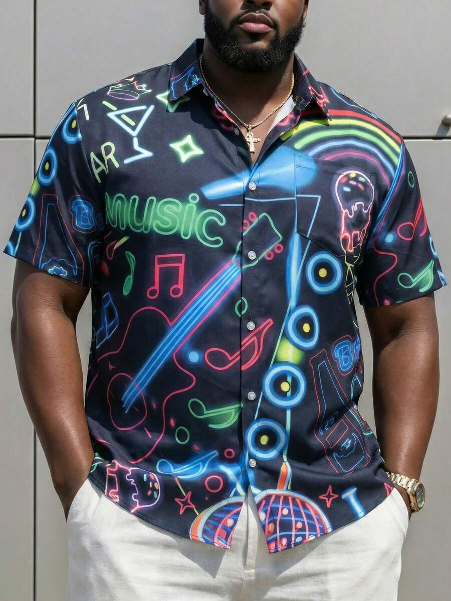 DRIVNCORE Loose Fit Men's Plus Size Rainbow & Musical Instrument Print Shirt - Multicolor - View 1