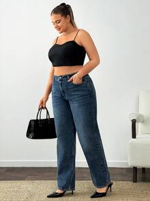 SHEIN 100% Cotton Plus High Waist Straight Leg Jeans - Medium Wash - View 5