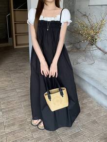 DAZY 女士夏季优雅褶皱中长连衣裙，百搭吊带裙 - 黑色 - 查看 3