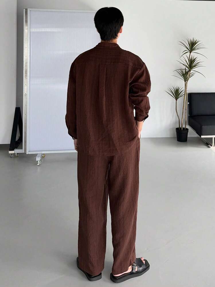 Brown Solid Color Long Sleeve Shirt With Pants, Men's Shirt Suit For Spring Summer