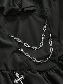 ROMWE Goth 女款哥特洛丽塔修身A字连衣裙，荷叶边领口 - 黑色 - 查看 4