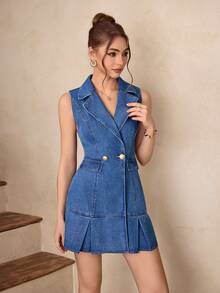 Selenza 女士休闲翻领牛仔连衣裙，适合约会和日常穿着 - 藍色 - 查看 4