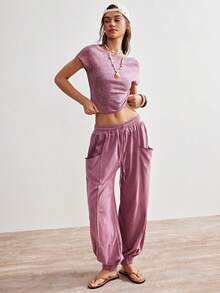 Bohemela 女士露背系带短袖上衣和阔腿裤休闲两件套 - 淺藍色 - 查看 10