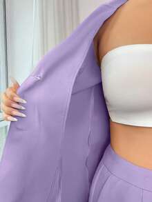 Elenzga 女士秋冬正式优雅奢华亮片雪纺荷叶边领系带套装：修身长袖西装外套+直筒裤，带口袋，酒红色，适合万圣节、圣诞节、新年派对、毕业典礼、婚礼等场合。 - 紫色 - 查看 3