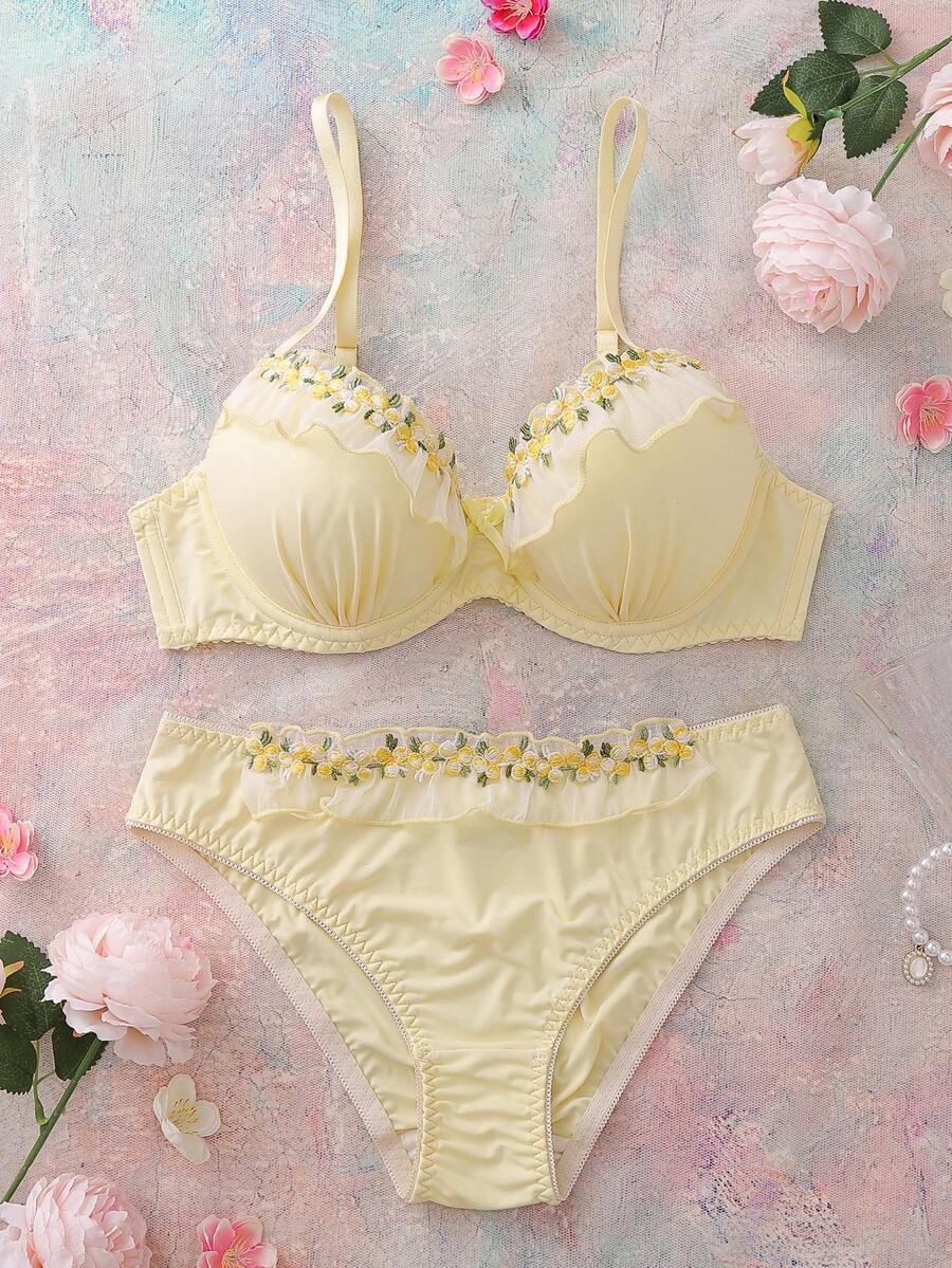 Satin Embroidered Lingerie Set, 3D Beaded Ruffle Trim Underwire Bra And Panty - Yellow - View 1