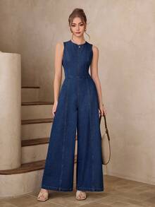 Selenza Bộ jumpsuit denim nữ kiểu dáng thường ngày, hở lưng, buộc dây, thích hợp cho kỳ nghỉ và mặc hàng ngày. - Màu xanh lam - Xem 4