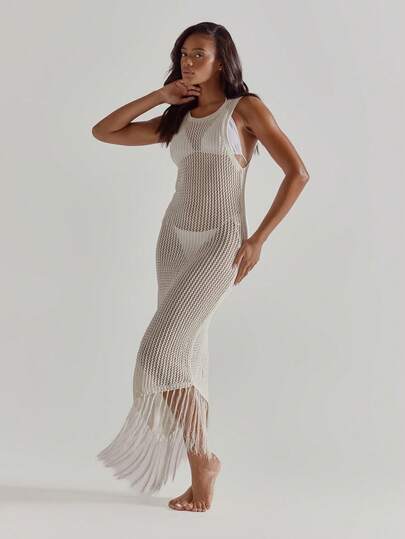 MUSERA Crewneck Sleeveless Asymmetric Tassle Hem Maxi Floor Length Fitted Crochet Knit Dress Cute Beach Coverup Summer Spring Holiday Going Out Swim Sexy Crochet Knit
