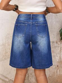 SHEIN LUNE Women's Vacation Casual Washed Wide Leg Denim Shorts - Blue - View 2