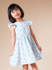 SUMWON Vestido de verano de estilo ajustado y acampanado con mangas de volantes a rayas y estampado de flores pequeñas, para uso casual de día, longitud midi y estilo línea A para niñas - Azul - Ver 3