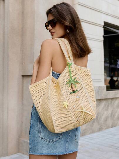 Viva Strut 1pcs Vacation Style Woven Hollow Shoulder Bag With Coconut Trees, Starfish Shells, Decorative Beach Bag, Light Colored Series, Large Capacity Casual Shoulder Bag(Accessories Need To Be DIY Assembled)