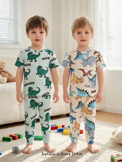 Cozy Pixies Conjunto de 4 piezas de pijama de punto suave con estampado de animales de dibujos animados para niño pequeño, top de cuello redondo de manga corta y pantalones de cintura elástica