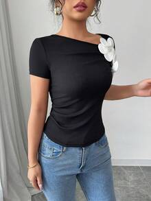 Elenzga Áo thun ngắn tay dáng ôm xếp ly, thiết kế hoa văn tinh tế, thanh lịch, thích hợp cho kỳ nghỉ, lễ hội âm nhạc và đi làm, hàng mới về mùa Xuân/Hè. - màu đen - Xem 2