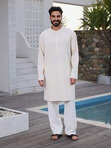 DAZY Mid-Length Apricot Side Slit Design Long Sleeve Men's Shirt, Summer - Multicolor - View 6