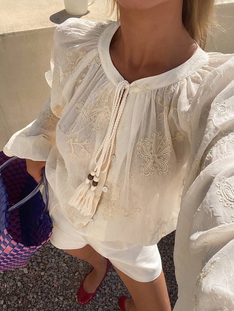 Women's Solid Color Textured Embroidered Loose Tie Bow Long Sleeve Elegant Summer Blouse