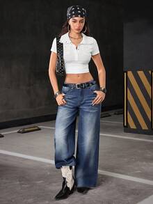 Flirla Women's Pocket Button Casual Versatile Daily Wear Wide Leg Jeans - Blue - View 5