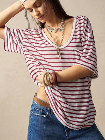 Bohemela Boho Spring/Summer Outfits, Vintage Women's Vacation Beach Bohemia Vintage Red Stripe Vacation V-Neck Short Sleeve Loose T-Shirt, Casual Vacation, Western Country Style Concert Party Outfits, Suitable For Beach Vacation Outfit & Daily Wear & Back To School & Going Out Outfits & Party Outfits & Graduation Outfit, 2000s Outfits, Summer Holiday Outfits