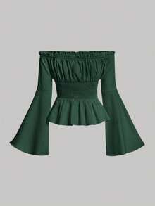 SHEIN MOD Áo kiểu trễ vai, buộc dây phía trước, xếp ly ở ngực và gấu áo, màu trắng, tay chuông, eo cao. - Màu xanh lá cây đậm - Xem 2