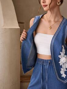 Selenza Women's Summer Casual Embroidered Patch Denim Vest - Blue - View 3