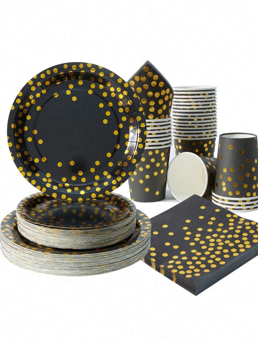 Schwarz und Gold Party Zubehör Set, Einwegteller, -becher und -servietten für Partys, geeignet für 25 Gäste, inklusive gepunktete Einweg-Pappteller, Dessert-Teller und weiße Papier-Partyteller, perfekt als Geburtstagsgeschenk, für Hochzeiten und andere Partyveranstaltungen - Verschiedenfarbig - Übersicht 1