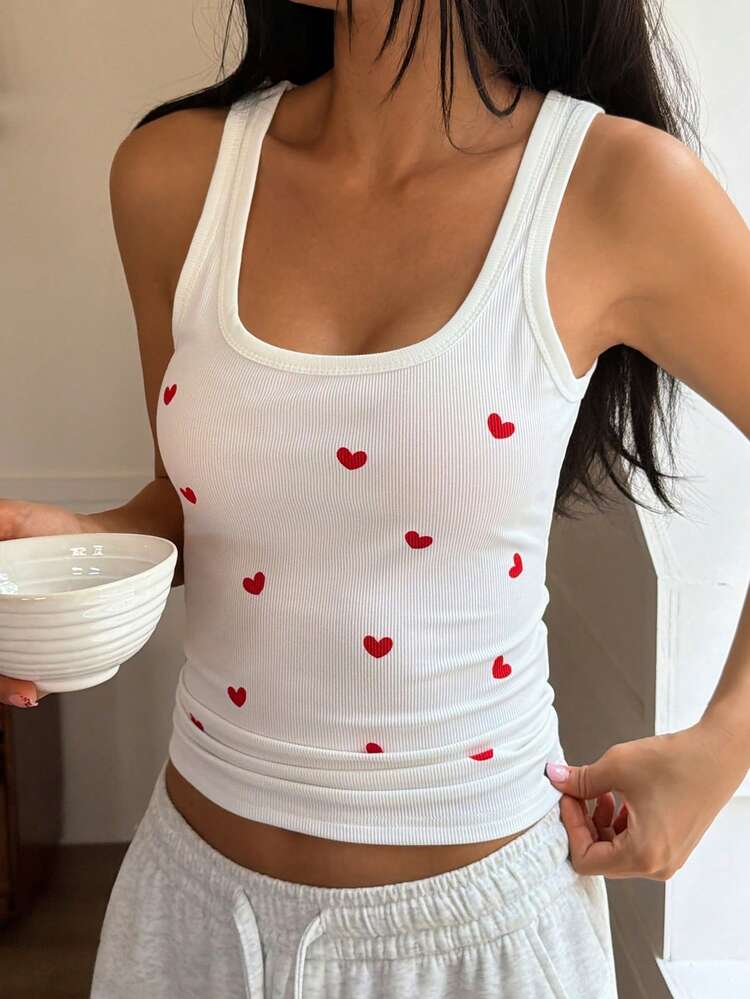 Women's Heart Print Ribbed Square Neck Casual Tank Top