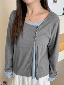Dazy Plus Color Block Bow Decor 2 In 1 Fashion Long Sleeve T-Shirt For Plus Size Women - Grey - View 4
