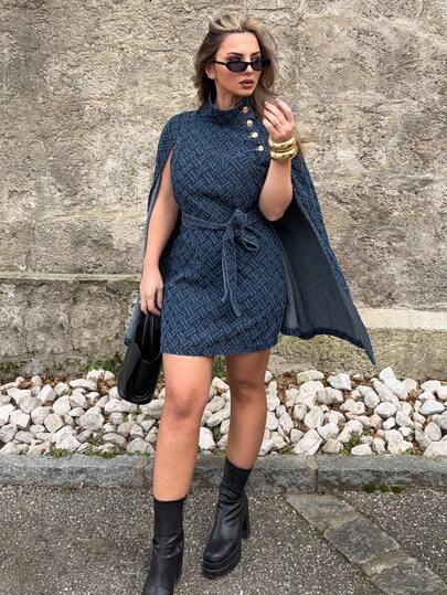 Jeta Ari 女式新款修身立领系带牛仔斗篷夹克，适合所有季节