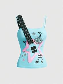 ROMWE Grunge Punk Cute Rock Bass Note Pattern Women's Camisole - Green - View 5