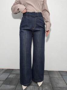Jeta Ari Women's Straight Leg Casual Jeans With Belt Decoration - Dark Wash - View 3