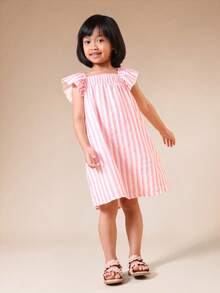 SUMWON Girls Striped Off Shoulder Ruffle Flutter Sleeve Pink White A-Line Mini Dress Summer Casual Everyday Cute - Pink - View 3