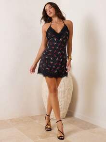 Enchnt 女士波点荷叶边领蕾丝连衣裙 - 棕色 - 查看 4