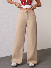 Women's Loose Fit Pockets Wide Leg Casual Denim Jeans - Khaki - View 3