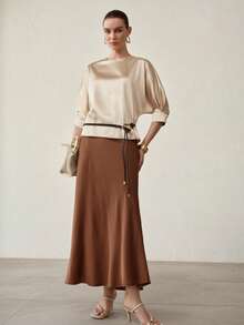 MOTF PREMIUM Blusa de cuello redondo y mangas tipo murciélago sin cinturón - Champán - Ver 5