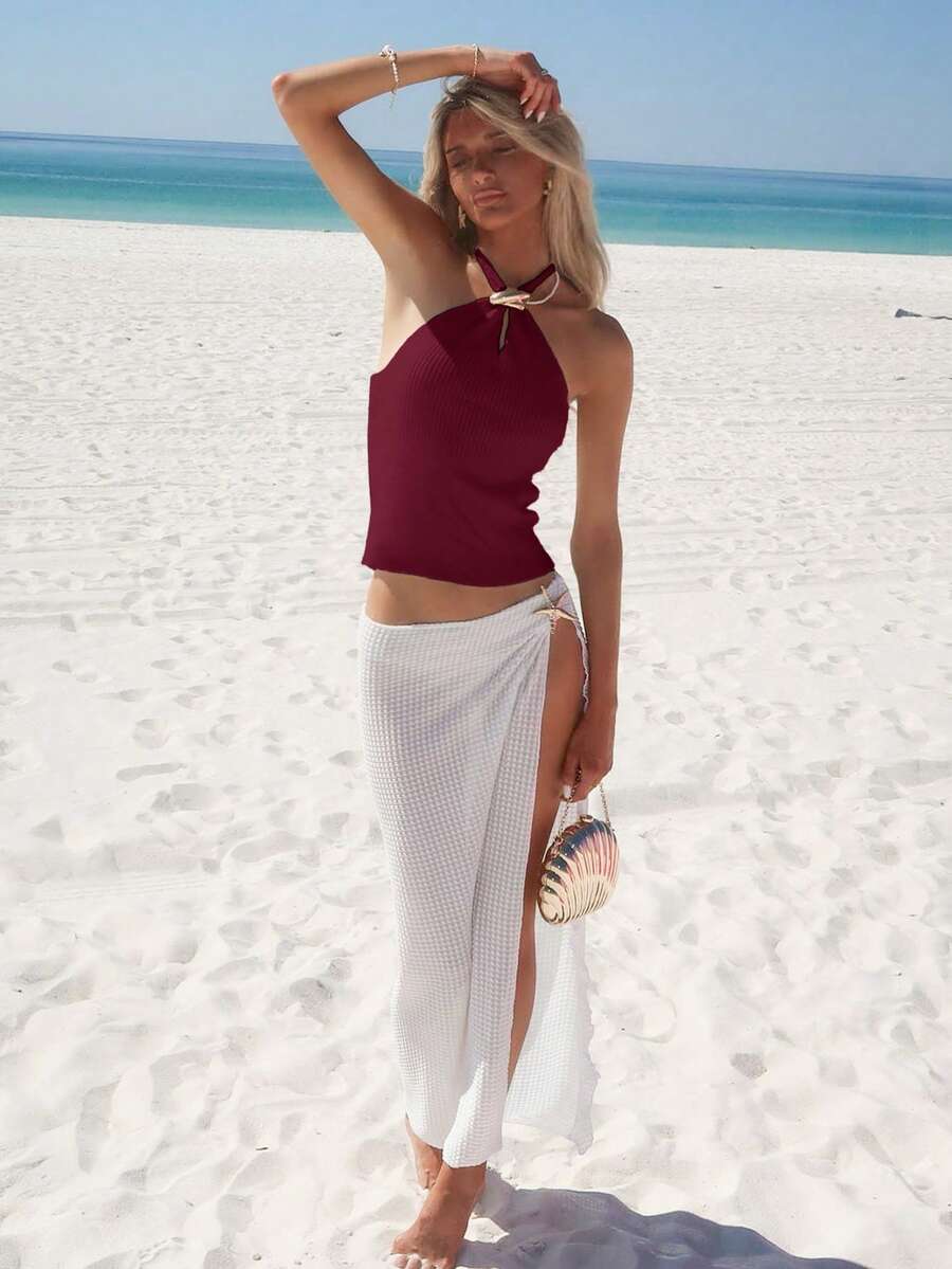 Sydney Algeri 2025 Nova Top de Tricô com Decote em Metal para Mulheres no Outono/Inverno - Vinho - Visão 1