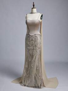 Elitara Petite Petite Elegant Luxurious Beaded Sequin Floral Mermaid Hem Dress Elastic Satin For Evening - Khaki - View 13