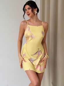 Firerie 女士黄色碎花休闲吊带露背连衣裙，宽松夏威夷度假风连衣裙，奶油黄夏季女装 - 彩色 - 查看 1