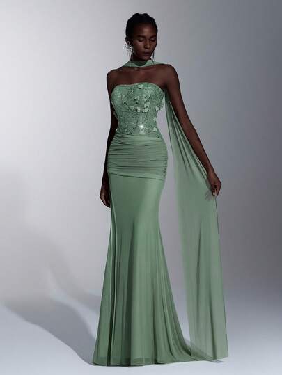 Elitara 优雅奢华的串珠亮片3D花卉蕾丝拼接弹力韩版网纱褶皱性感鱼尾连衣裙，适合婚礼、活动、派对、度假、晚宴、正式场合。