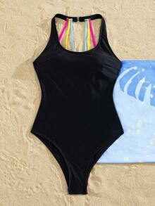 Swim Nautrix Women's Essential Black One-Piece Swimsuit,Summer Casual Gym Sleeveless U-Neck Backless Colorful Rope Monokini Halter Beach Pool Swimwear - Black - View 6