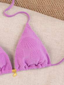 Swim Mod 随机金色贝壳印花露背三角罩杯性感泳衣上装，适合夏季度假 - 紫色 - 查看 3