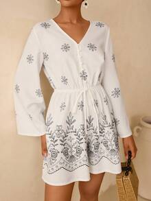 Vesra 女士印花V领长袖休闲连体裤 - 白色 - 查看 6