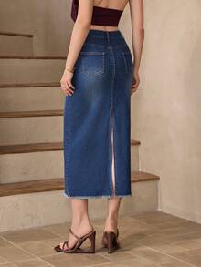 Selenza 女士优雅休闲开衩复古牛仔蓝A字裙，四季皆宜 - 中等水洗藍 - 查看 2