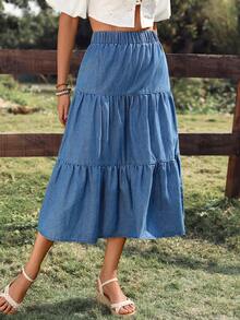 Breezaya Chân váy denim ngắn xếp ly bèo nhún, màu trơn, cạp chun, kiểu dáng thường ngày, thích hợp cho mùa hè. - Màu xanh lam - Xem 7