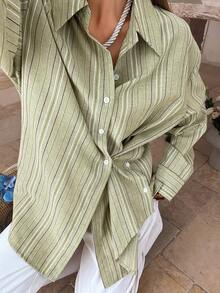 DAZY Women's Striped Loose Waist Casual Shirt - White - View 1